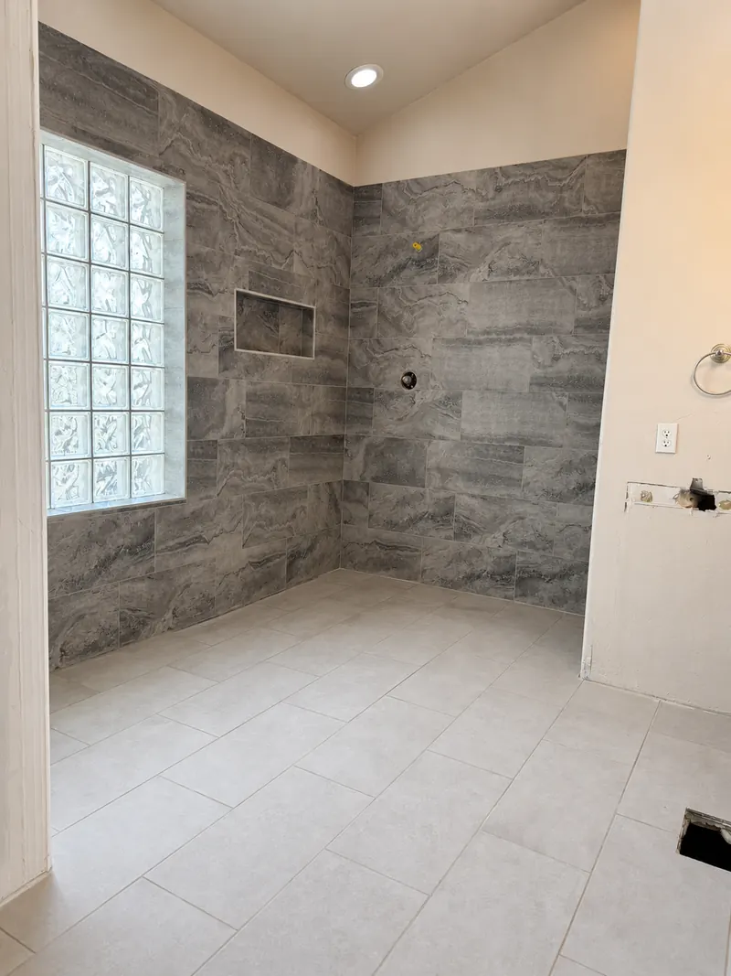 Curbless shower, glass block window, Bathroom Renovation 1 by Altitude Renovation