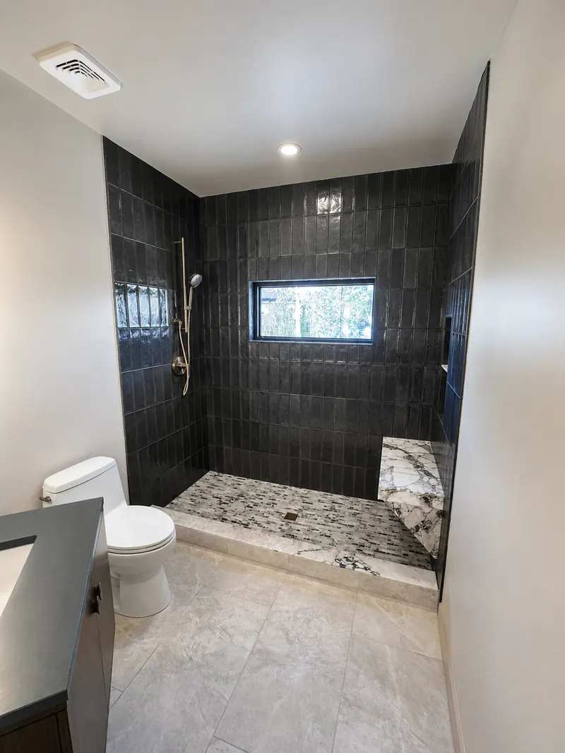 Black tile walk-in shower, Bathroom Renovation 2 by Altitude Renovation