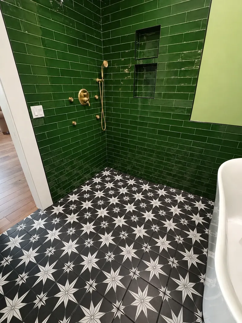 Green tile shower, patterned floor, Bathroom Renovation 3 by Altitude Renovation